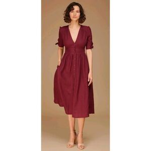Linen Handmade Studio Burgundy Linen Midi Dress Size S